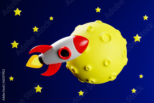 Cute rocket flying in front of yellow planet or moon. Cartoon style 3d rendering