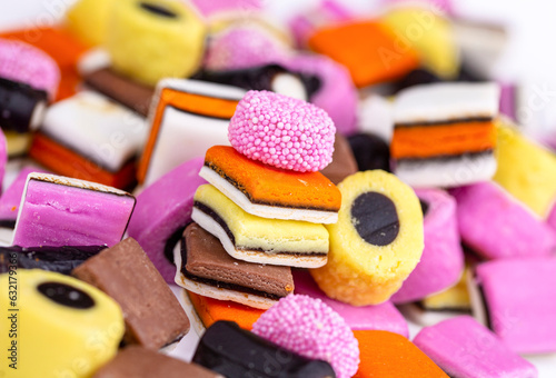 Liquorice allsorts fondant and licorice sweets or candy studio isolated