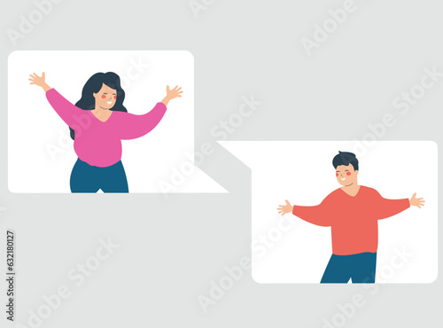 Young man and woman talk via online messages. Happy people or couple inside speech bubbles chatting to each other. Conversation between friends or family through internet. Concept of communication.