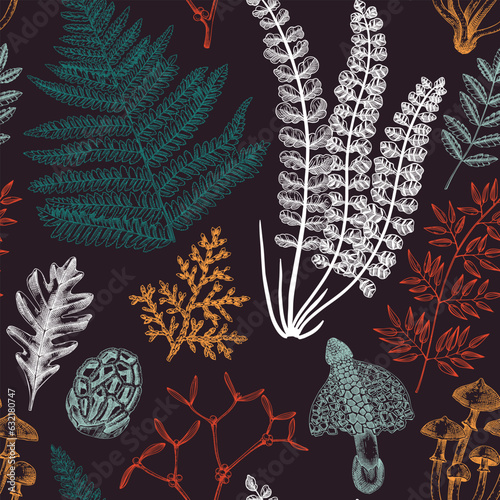 Vector seamless pattern with fern leaf, mushrooms, fall leaves and autumn plant sketches. Monochrome botanical repeating texture. Hand drawn autumn forest background. Vintage nature design for print
