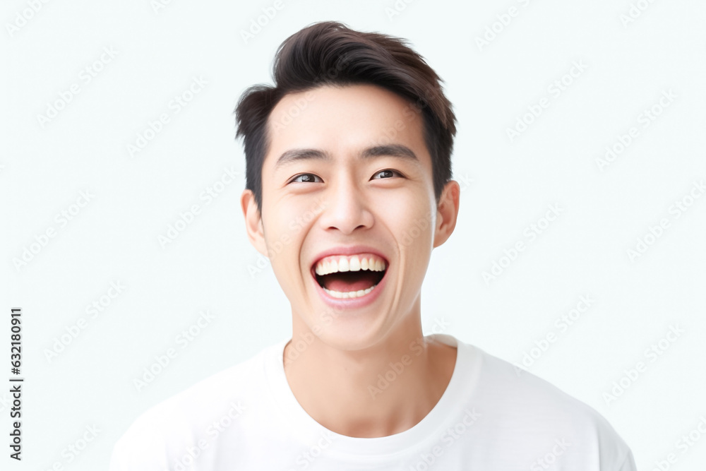 Happy handsome man laugh with open mouth show white teeth, wearing white shirt background happy face smiling looking at the camera. Positive person. Generative AI. Happy handsome man laugh with open mouth show white teeth, wearing white shirt background happy face smiling looking at the camera. Positive person. Generative AI.