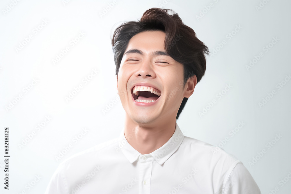 Happy handsome man laugh with open mouth show white teeth, wearing white shirt background happy face smiling looking at the camera. Positive person. Generative AI. Happy handsome man laugh with open mouth show white teeth, wearing white shirt background happy face smiling looking at the camera. Positive person. Generative AI.