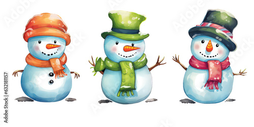 Set of watercolor snowman characters isolated on transpatent white background. cute snowman on winter snow custume for chtistmas decorations, kids decorative elements for christmas backgrounds photo