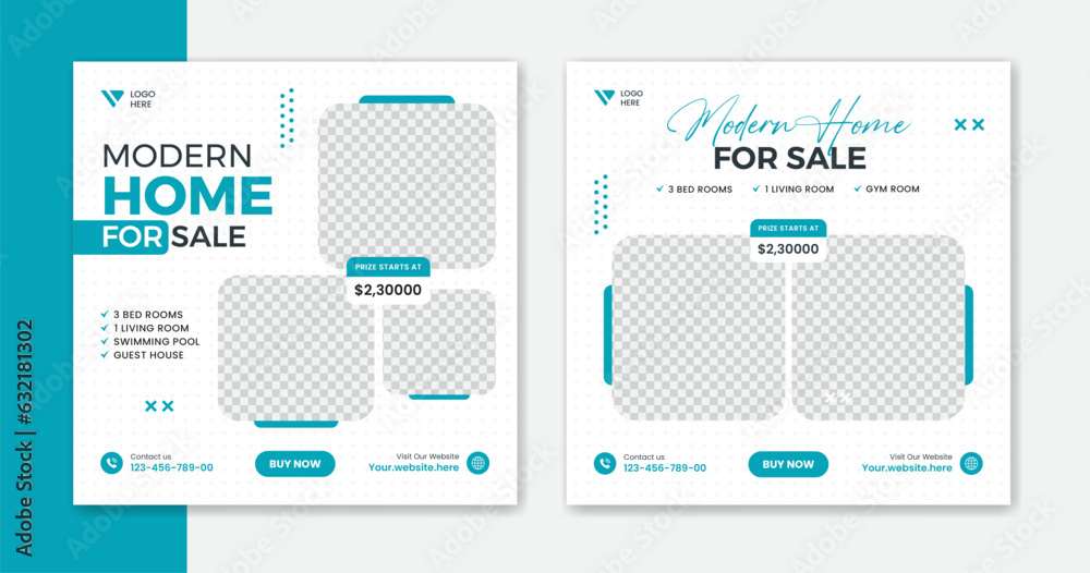 Modern real estate social media post, minimal design of building, properties, residents, home and house.
