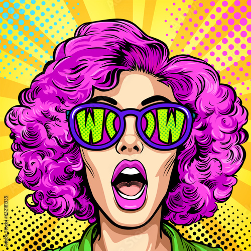 Surprised happy excited young attractive woman with open mouth, pink curly hair and the inscription 'wow' reflected in her sunglasses, vector illustration in vintage pop art comic style