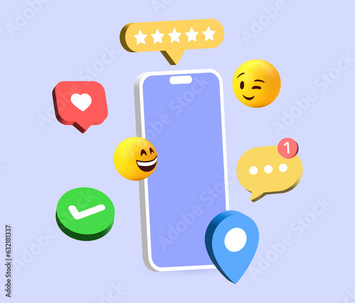 social media background communication concept. social network icons with smartphone and modern heart, chat message speech bubble icon, 3d funny emoticon emoji. Digital marketing 3d vector illustration