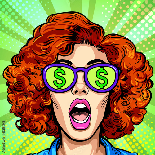 Surprised happy excited young attractive woman with open mouth, ginger curly hair and the sign 'dollar' reflected in her sunglasses, vector illustration in vintage pop art comic style