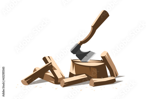 Chopping wood. Axe Sticking Out in Tree Stump. Firewood. Vector