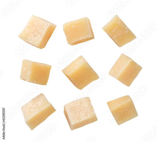 Set of pieces of parmesan cheese on a white background. Isolated