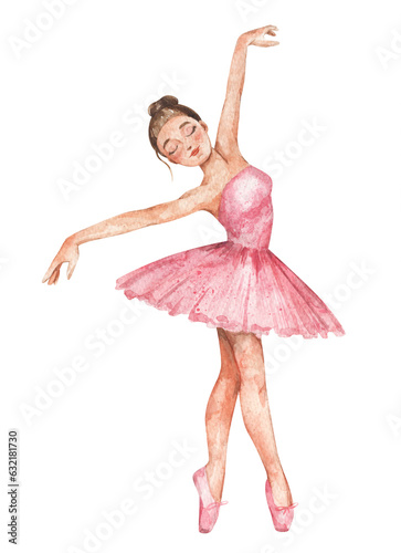 Ballerina in pink dress. Watercolor hand-drawn illustration of girl ballet dancer.