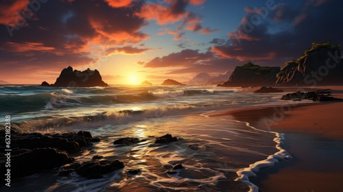 Beautiful beach with dramatic sunset © Left