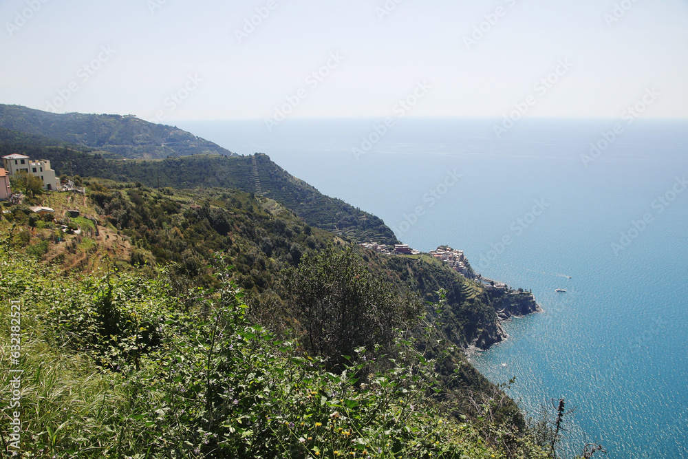 The panorama of CInque Terre national park and Corniglia village, Italy