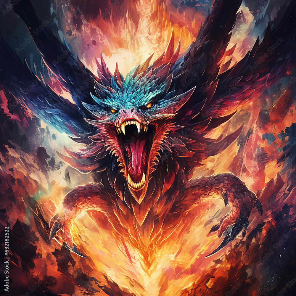 Huge aggressive mystical dragon in move. Creature with big strong wings and powerful paws. He opens terrible mouth with sharp teeth. background to create fabulous collage. Made with generative ai Huge aggressive mystical dragon in move. Creature with big strong wings and powerful paws. He opens terrible mouth with sharp teeth. background to create fabulous collage. Made with generative ai