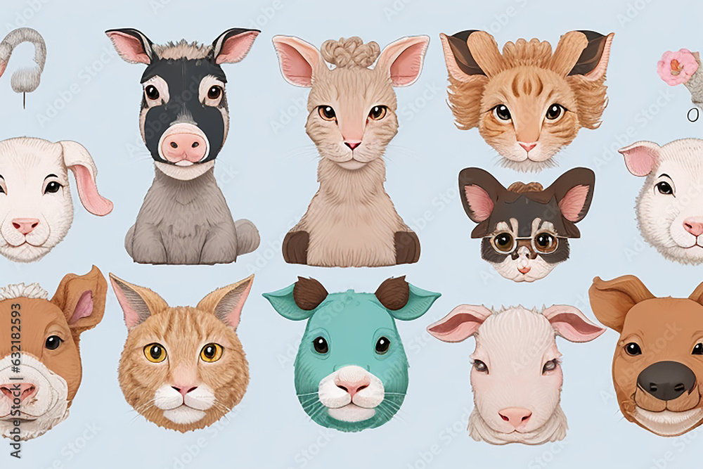 Set of various types of cute animal stickers.,generative AI