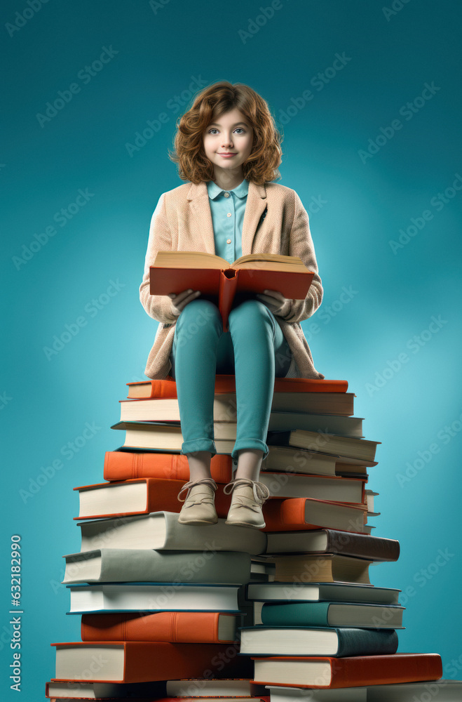 Teenage student girl sitting on top of a gigantic mountain of books, enjoying reading, against a light blue background, back to school in world book day concept