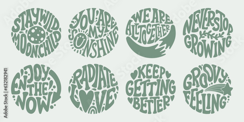 Groovy lettering set. Retro slogan collection in round shape. Trendy groovy print design for poster, card, tshirt.