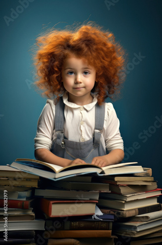 Red-haired girl near a stack of books, delving into the world of reading with enthusiasm and dedication, against a light blue background, back to school concept	
