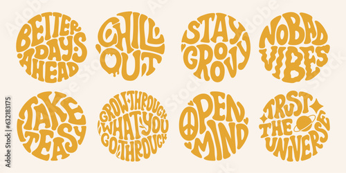 Groovy lettering set. Retro slogan collection in round shape. Trendy groovy print design for poster, card, tshirt.