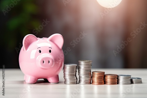 Financial planning and savings. Piggy bank on table with coins and copy space. Investing for future. Concept of wealth growth with money. Piggy bank business concepts