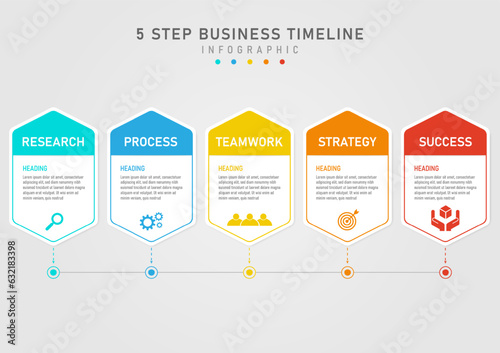 Business plan 5 step infographic template Multi-colored acute-angled squares top right color font icon below The middle frame placed the letters. arrow with circle Below the gray gradient background