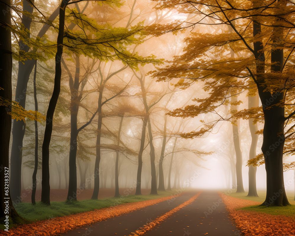 Road through foggy autumn forest. Fog on the road. Yellow leaves. generative AI