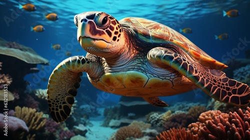 sea turtle swimming over coral reefs.