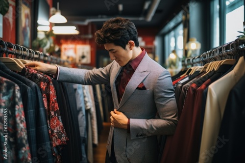 Chinese businessman buys an expensive suit in a boutique store