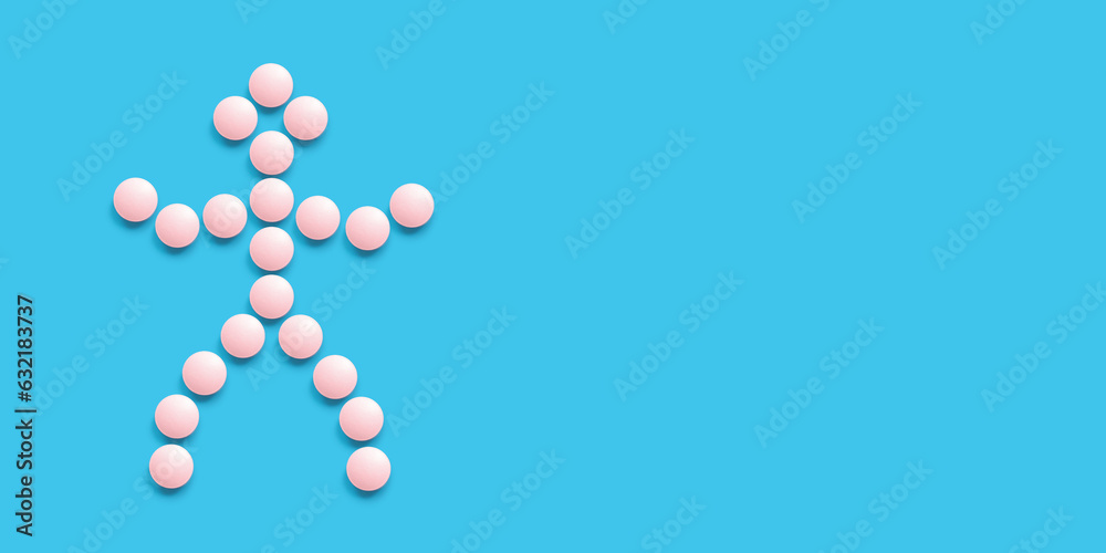 A little man lined with pink pills on a blue background, top view. Health care, medical pills and nutritional supplements. Pharmaceuticals and drug abuse A little man lined with pink pills on a blue background, top view. Health care, medical pills and nutritional supplements. Pharmaceuticals and drug abuse