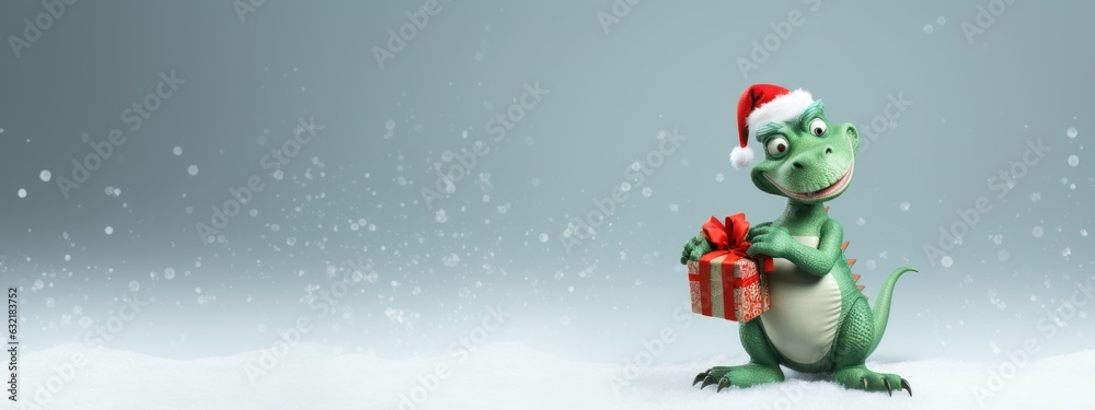 new year banner christmas concept. year of the dragon. cartoon dragon with gift on blue background 