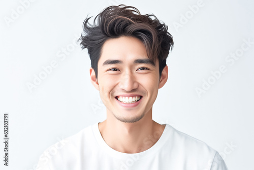 Close up face of happy man looking at camera isolated over smoke grey wall. Portrait of young smiling handsome guy in white t-shirt showing happy, positive and friendly. Generative AI.