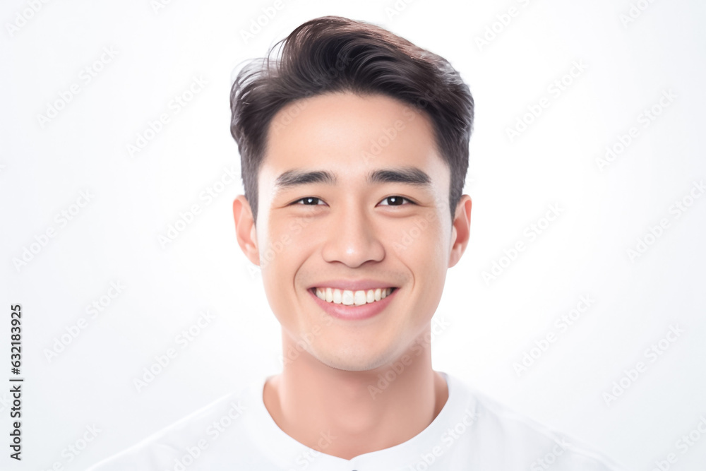 Close up face of happy man looking at camera isolated over smoke grey wall. Portrait of young smiling handsome guy in white t-shirt showing happy, positive and friendly. Generative AI. Close up face of happy man looking at camera isolated over smoke grey wall. Portrait of young smiling handsome guy in white t-shirt showing happy, positive and friendly. Generative AI.