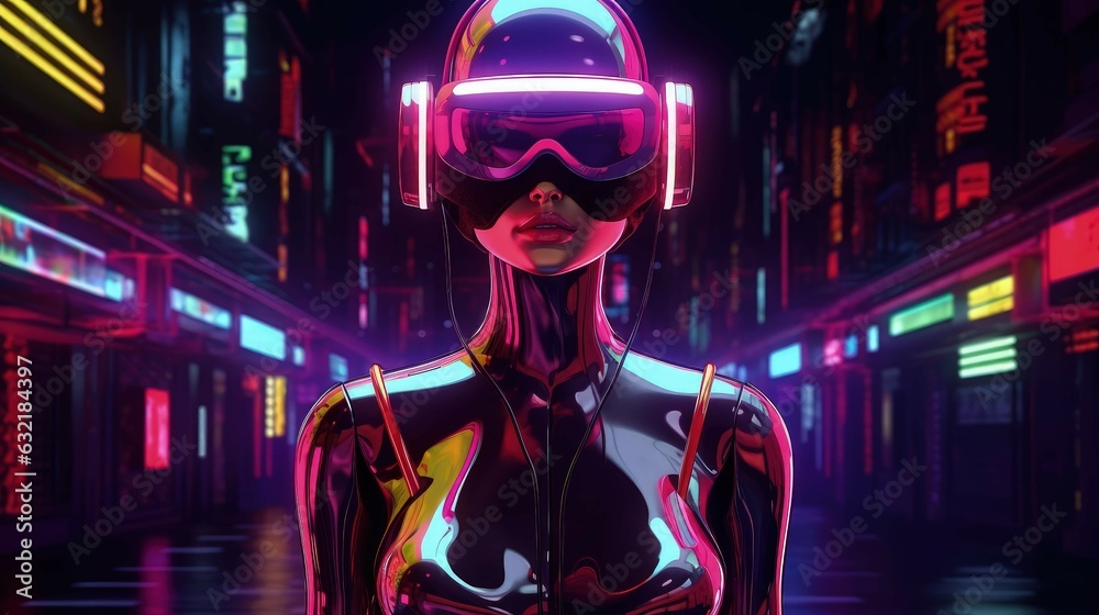 sonic future: a vision of tomorrow's music genres dance, techno, edm, pop, electronic, techno trance, visualized through a latex-clad woman equipped with advanced visors and headphones. Ai Generated - obrazy, fototapety, plakaty 