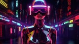 sonic future: a vision of tomorrow's music genres dance, techno, edm, pop, electronic, techno trance, visualized through a latex-clad woman equipped with advanced visors and headphones. Ai Generated