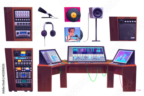 Music sound record studio room cartoon vector illustration. Singer microphone and mixer for pro broadcast recording. Professional mixing computer and interior design tools for producer workstation