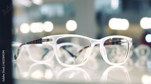 Eyeglasses in white store.