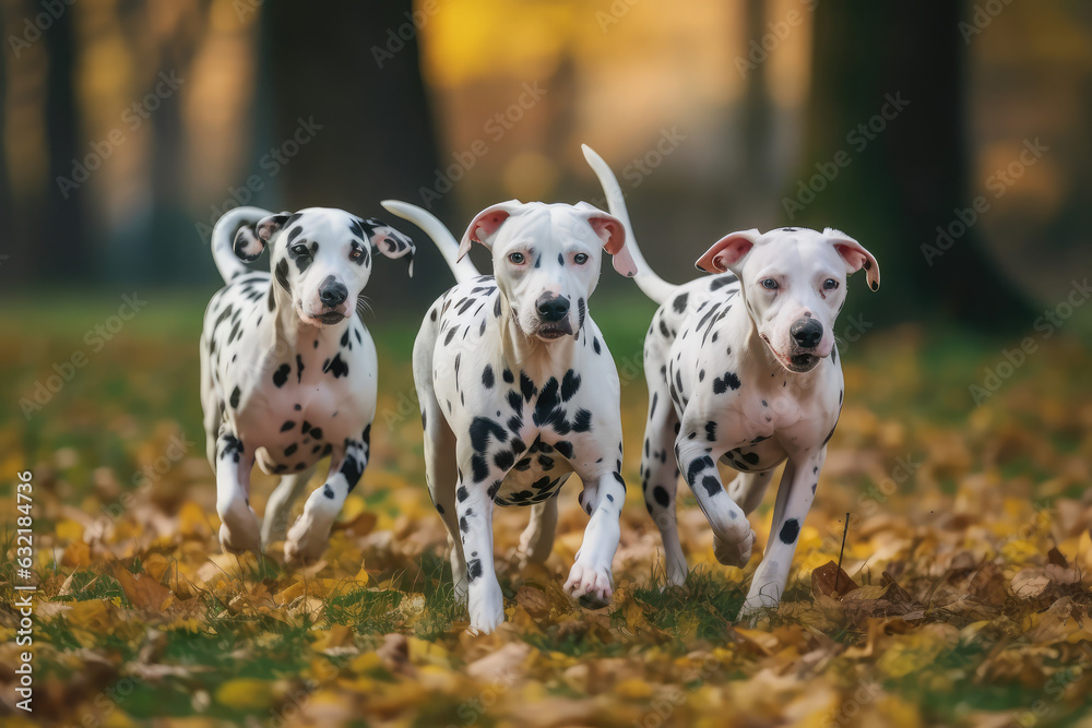 Cute funny dalmatian dogs group running and playing on green grass in park in autumn, generative AI