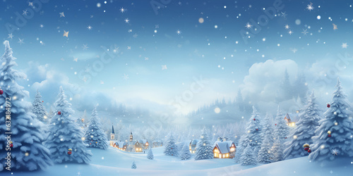 Decorated Christmas tree outdoors falling snow background, Christmas background with snow.Winter night landscape. Happy new year greeting cards, Winter forest snow landscape, generative Ai © Mustafa