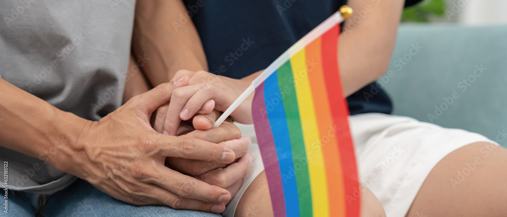 LGBT group. Male bisexualities couple holding hands showing lgbt flag, young couple hug each other happily, lover in love, bisexualities, homosexuality, liberty, expression, happy life, life style
