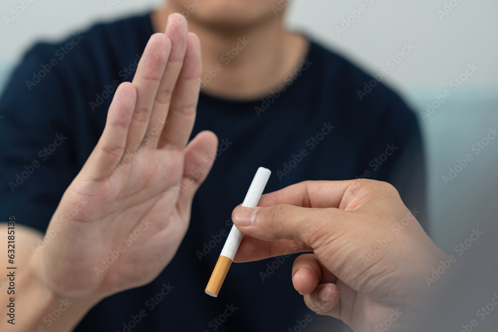 No smoking Man stop smoke refuse reject break take cigarette say No smoking Man stop smoke refuse reject break take cigarette say