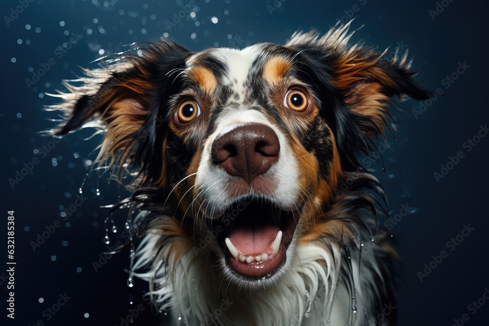 Portrait of amazement Australian Shepherd dog. Wet dog opened mouth surprised, close-up front view.