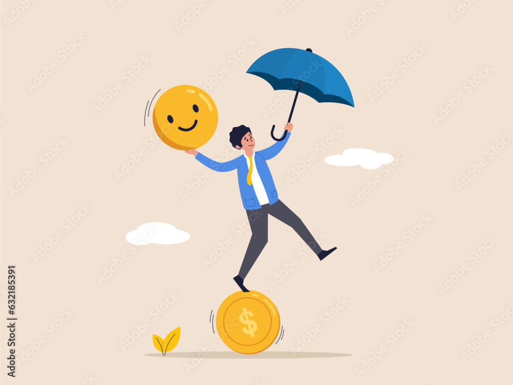 Balance between money and happiness, wealth and health, businessman holding umbrella balancing himself on stack of smile face and dollar coin. Choosing meaningful life and real success concept. Balance between money and happiness, wealth and health, businessman holding umbrella balancing himself on stack of smile face and dollar coin. Choosing meaningful life and real success concept.