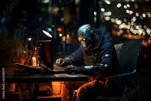 Robotic Worker - Cyborg Engaged in Late-Night Office Task