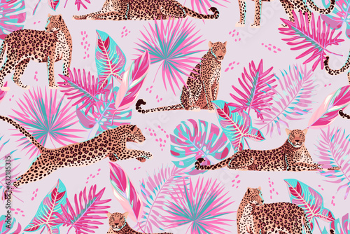 Seamless pattern with leopards and tropical leaves. Pink, purple, brown colors. Animals in different poses. Palm leaves, monstera, philodendron, elephant ear. Exotic jungle. Vector illustration.