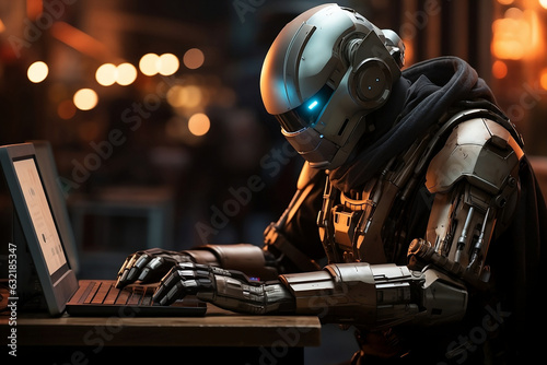 Robotic Worker - Cyborg Engaged in Late-Night Office Task