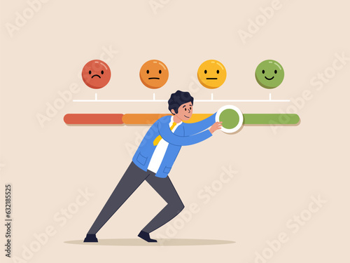 Customer feedback giving rating based on experience or quality from product and service. Opinion and review to evaluate result, survey, man trying to push customer feedback bar to be excellent smile.