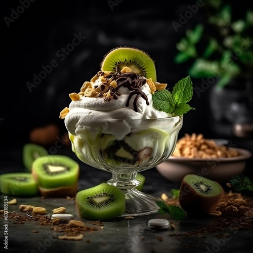 Menthol ice cream sundae with kiwi fruit and hazelnuts, whipped cream and chocolate in modern style