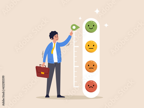 Customer feedback giving rating based on experience or quality from product and service. User feedback and rating , man trying to push customer feedback bar to be excellent smile