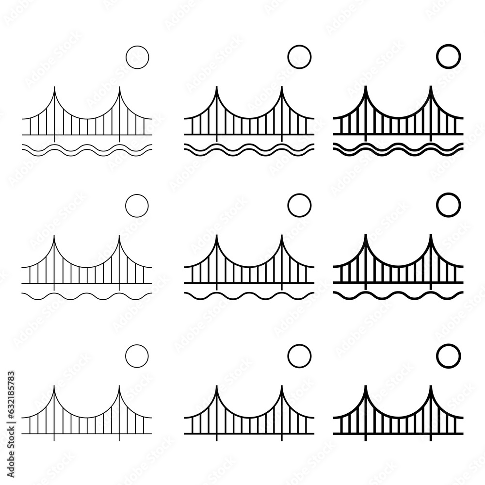 Set of Silhouette bridge icon, urban architecture design, travel line construction symbol vector illustration Set of Silhouette bridge icon, urban architecture design, travel line construction symbol vector illustration