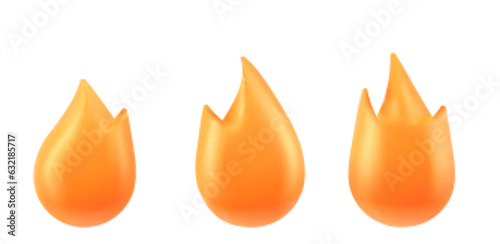 3d render hot fire burn icon emoticon illustration. Png simple shape flame animation sprite emblem collection isolated on white background. Orange clipart with warm bonfire set plastic design