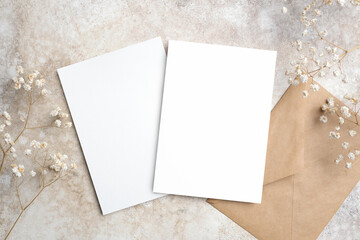 Blank wedding invitation card mockup, front and back sides, trendy dry gypsophila flowers decor